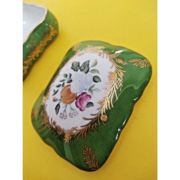 Vintage LIMOGES Lidded Porcelain Trinket Box 4.5" x 4" Green, Gold, Florals - Picture 5 of 13